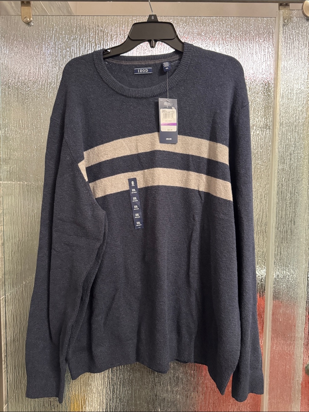 Izod Navy Crewneck Sweater with Grey Stripes
